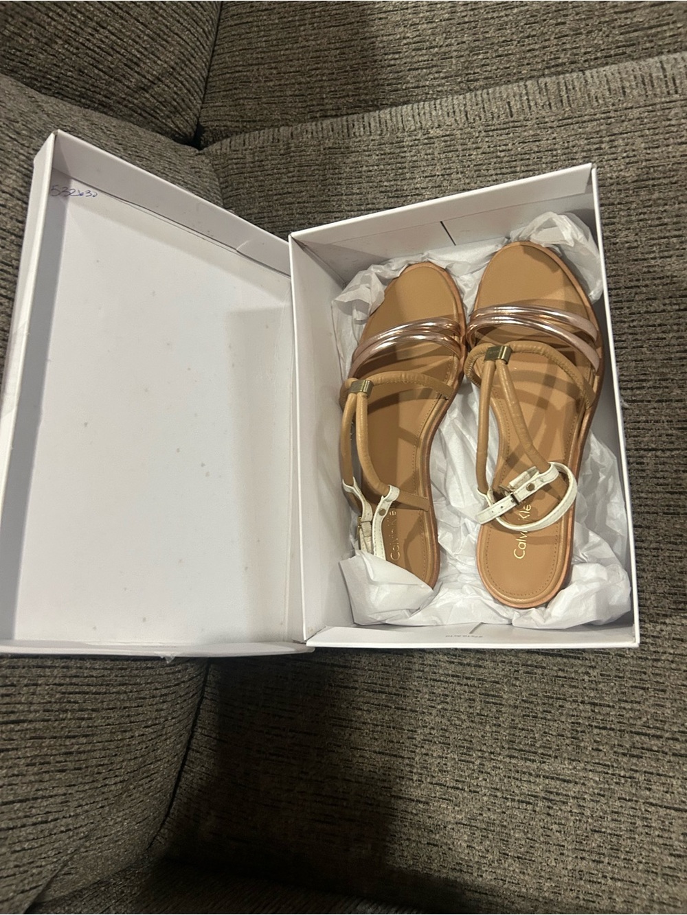 Calvin Klein Tan Sandals with Metallic Pink Accents